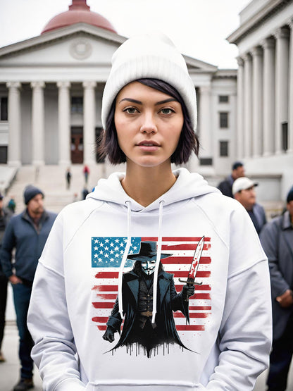 July 4th is right around the corner and revolution is in the air. This Revolutionary womens Hoodie will have you turning heads on independence day. This stunning V for Vendetta shirt is a great 4th of July Hoodie. This Hoodie says, Dont tread on me!