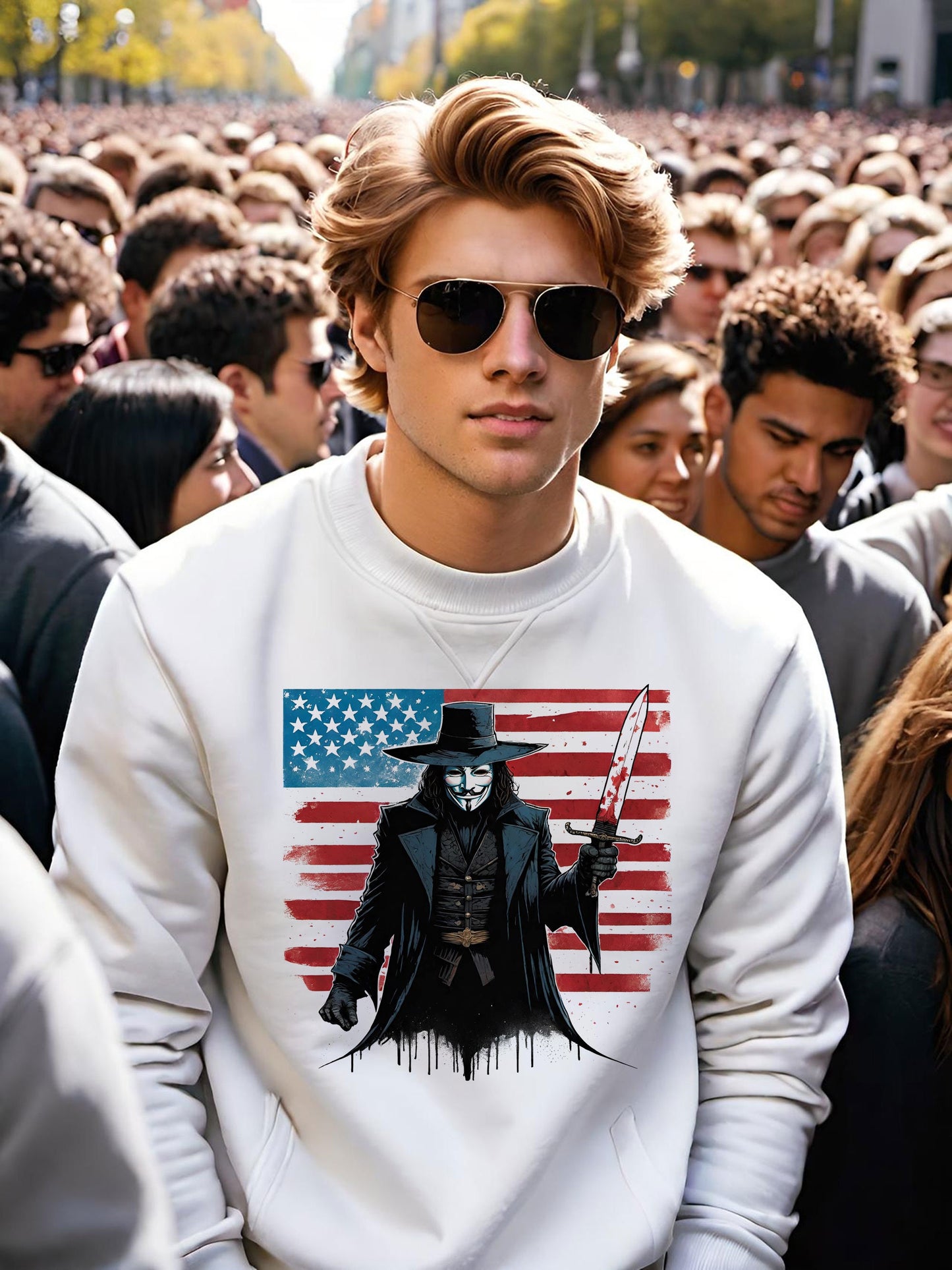 July 4th is right around the corner and revolution is in the air. This Revolutionary mens sweatshirt will have you turning heads on the 4th of July. This stunning V for Vendetta shirt is a great mens sweatshirt that screams, Dont tread on me!