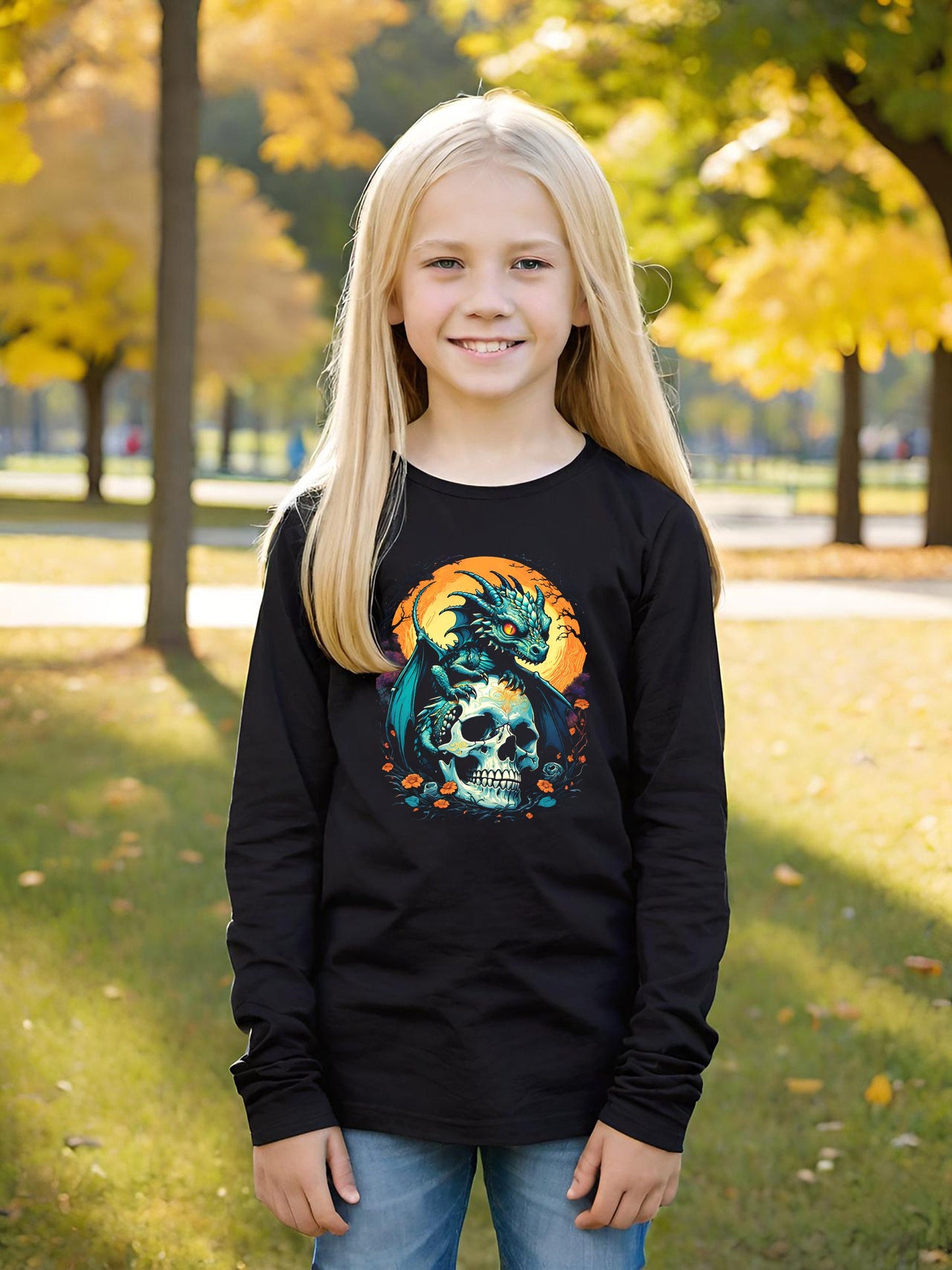 Girls love Dragons. Your Kid will love this wonderful Dragon T-shirt. This design is colorful and vivid while also being an incredibly soft light design. This Girls long sleeve tee Forget Unicorns this year all the coolest girls are wearing Dragons!