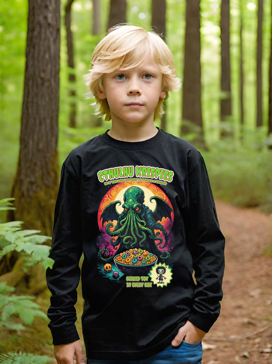 This awesome, and hilarious Cthulhu Boys long sleeve T-shirt is a must have little goblin in your life. This design is a black halftone knockout. Meaning the black parts are t-shirt instead of ink. Making for a super light design.