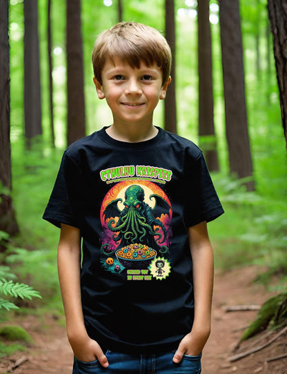 This awesome, and hilarious Cthulhu Boys T-shirt is a must have little goblin in your life. This design is a black halftone knockout. Meaning the black parts are t-shirt instead of ink. Making for a super light design.