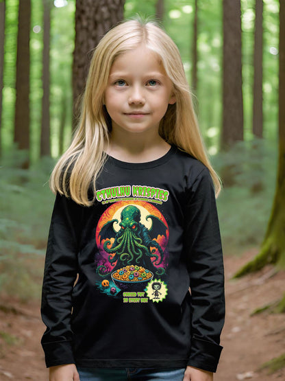 This awesome, and hilarious Cthulhu Girls long sleeve T-shirt is a must have little goblin in your life. This design is a black halftone knockout. Meaning the black parts are t-shirt instead of ink. Making for a super light design.