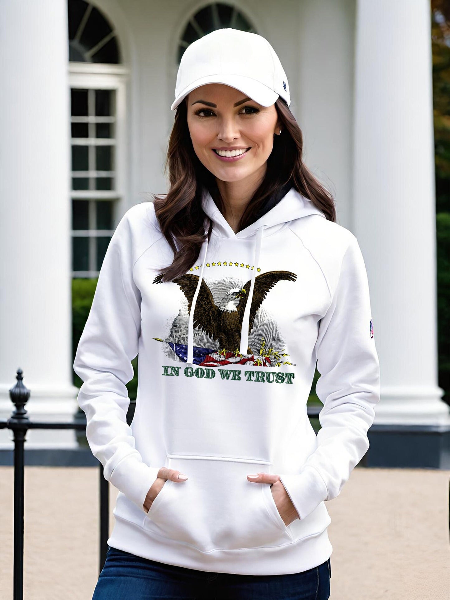 Calling all Patriots! Get your American Eagle Hoodie today and let everybody know how you feel about this America. This ladies long sleeve sweatshirt features a  Bald Eagle from an American Silver Certificate, paired with the words In God We Trust.