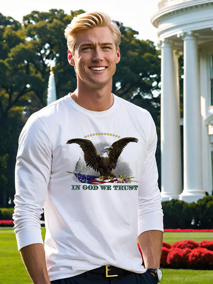 Calling all Patriots! Get your American Eagle t-shirt today and let everybody know how you feel about this America. This mens long sleeve t-shirt features a  Bald Eagle from an American Silver Certificate, paired with the words In God We Trust.