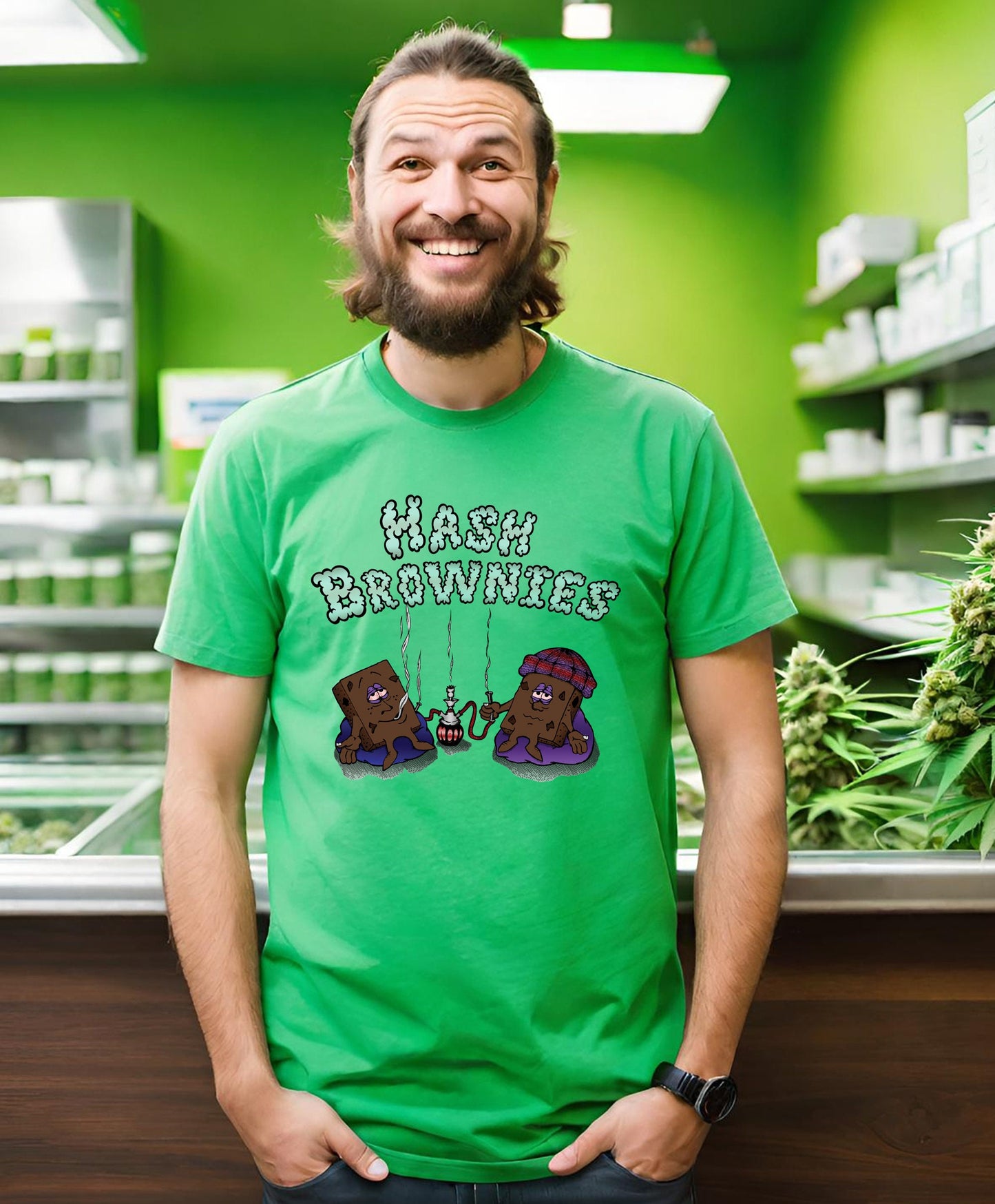 Hash Brownies is quite literally a t-shirt depicting hash brownies getting stoned and chilling out. Get your Hash Brownies shirt today while your still high on hash brownies?