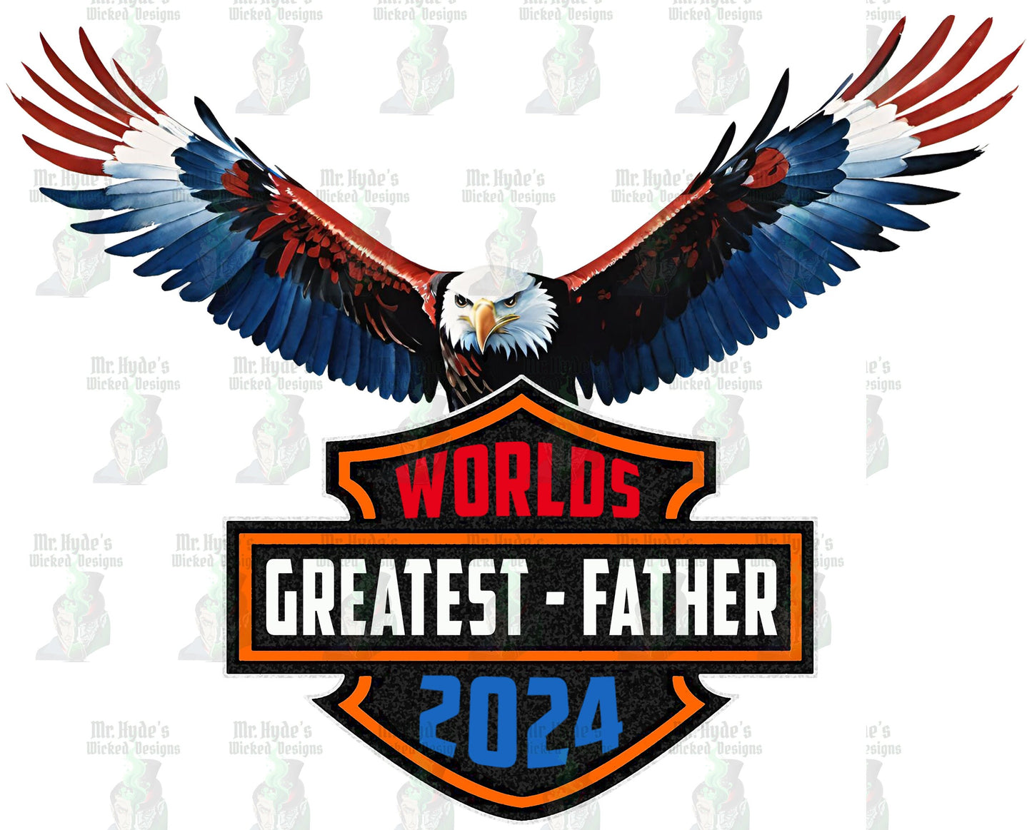 This awesome fathers day t-shirt is the perfect gift for that Biker dad in your life. This Harley Davidson inspired t-shirt features a stunning Bald Eagle in red, white, and blue, and the classic Harley Logo with a message for Dad on Fathers Day.