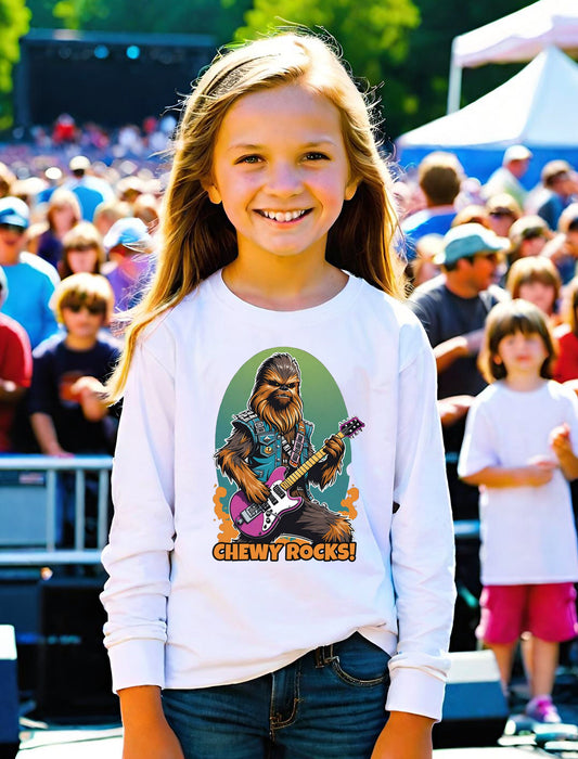 This awesome Chewy Rocks t-shirt is a must have for any young Chewbacca fan.  This Chewbacca long sleeve youth t-shirt is stunning and will be your favorite girls long sleeve shirt in no time.