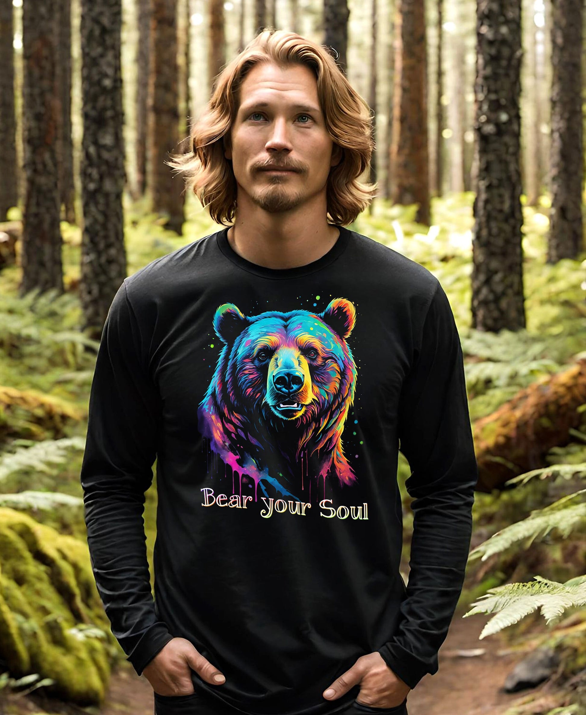 This colorful Bear t-shirt makes a stunning fathers day gift. The brown bear in this awesome endangered species mens long sleeve t-shirt has eyes that seem to look right through, Kind of makes you want to Bear your Soul!