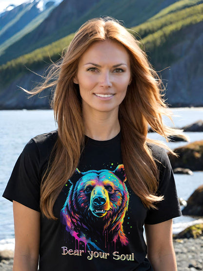 This colorful Bear t-shirt makes a stunning animal lovers shirt. The brown bear in this awesome endangered species ladies long sleeve t-shirt has eyes that seem to look right through, Kind of makes you want to Bear your Soul!