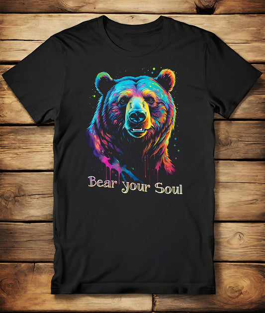 This colorful Bear t-shirt is a stunning black halftone design. The brown bear in this awesome endangered species t-shirt has eyes that seem to look right through, Kind of makes you want to Bear your Soul!