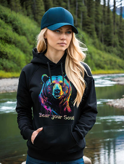 This colorful Bear Hoodie makes a stunning animal lovers gift. The brown bear in this awesome endangered species ladies Hoodie has eyes that seem to look right through, Kind of makes you want to Bear your Soul!