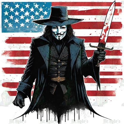 July 4th is right around the corner and revolution is in the air. This stunning V for Vendetta shirt is a white knockout, with all of the white ink  removed. The ink is replaced by the white fabric of the t-shirt. Less ink means a lighter t-shirt.