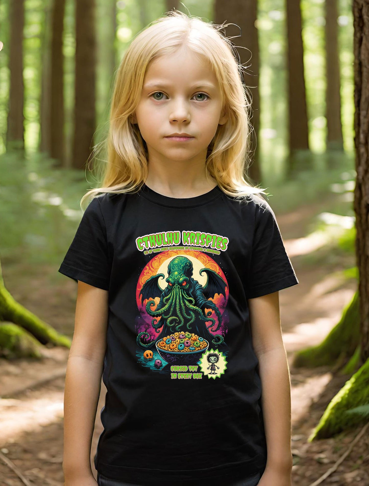 This awesome, and hilarious Cthulhu Girls T-shirt is a must have little goblin in your life. This design is a black halftone knockout. Meaning the black parts are t-shirt instead of ink. Making for a super light design.