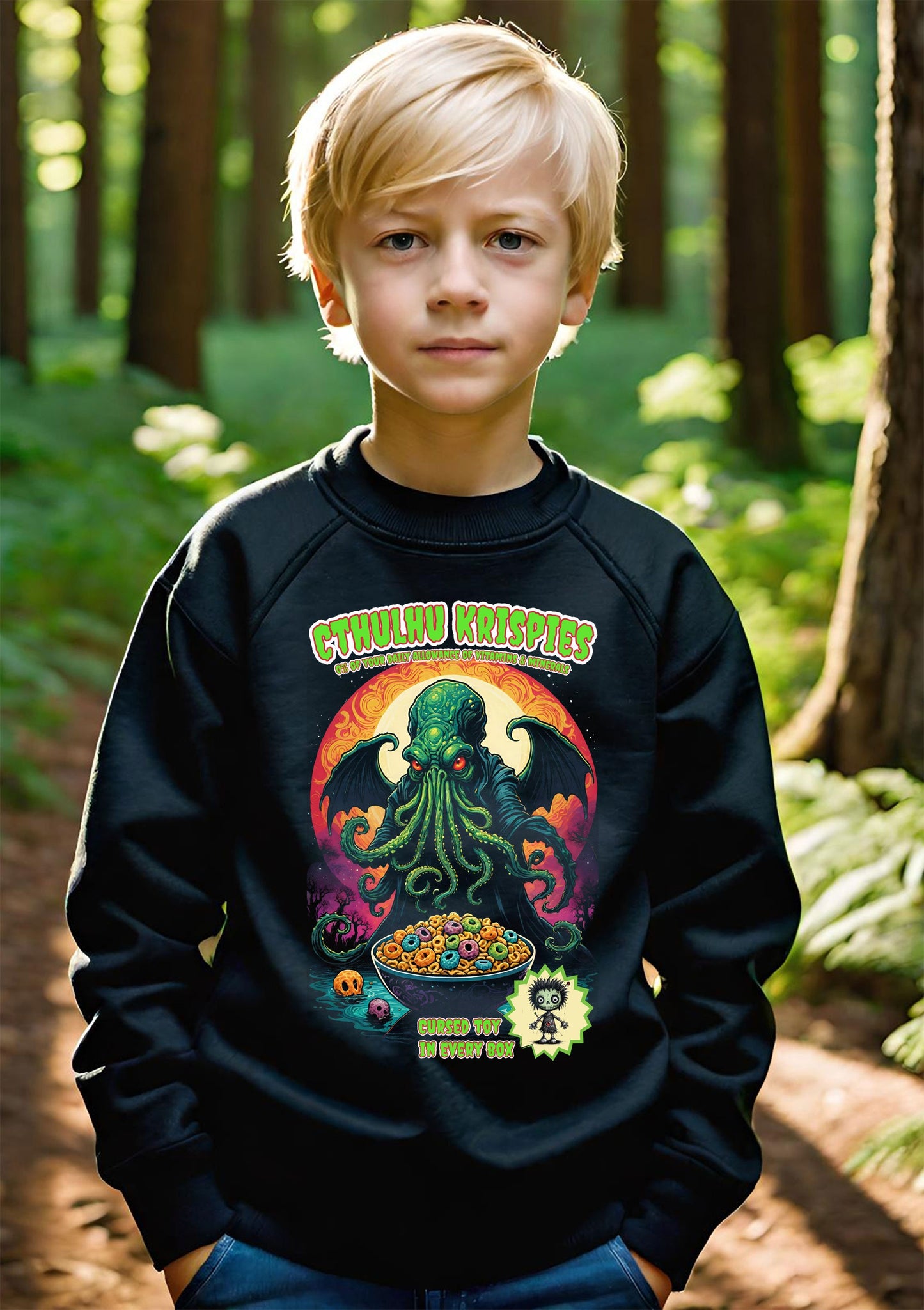 This awesome, and hilarious Cthulhu Boys sweatshirt is a must have little goblin in your life. This design is a black halftone knockout. Meaning the black parts are sweatshirt instead of ink. Making for a super light design.