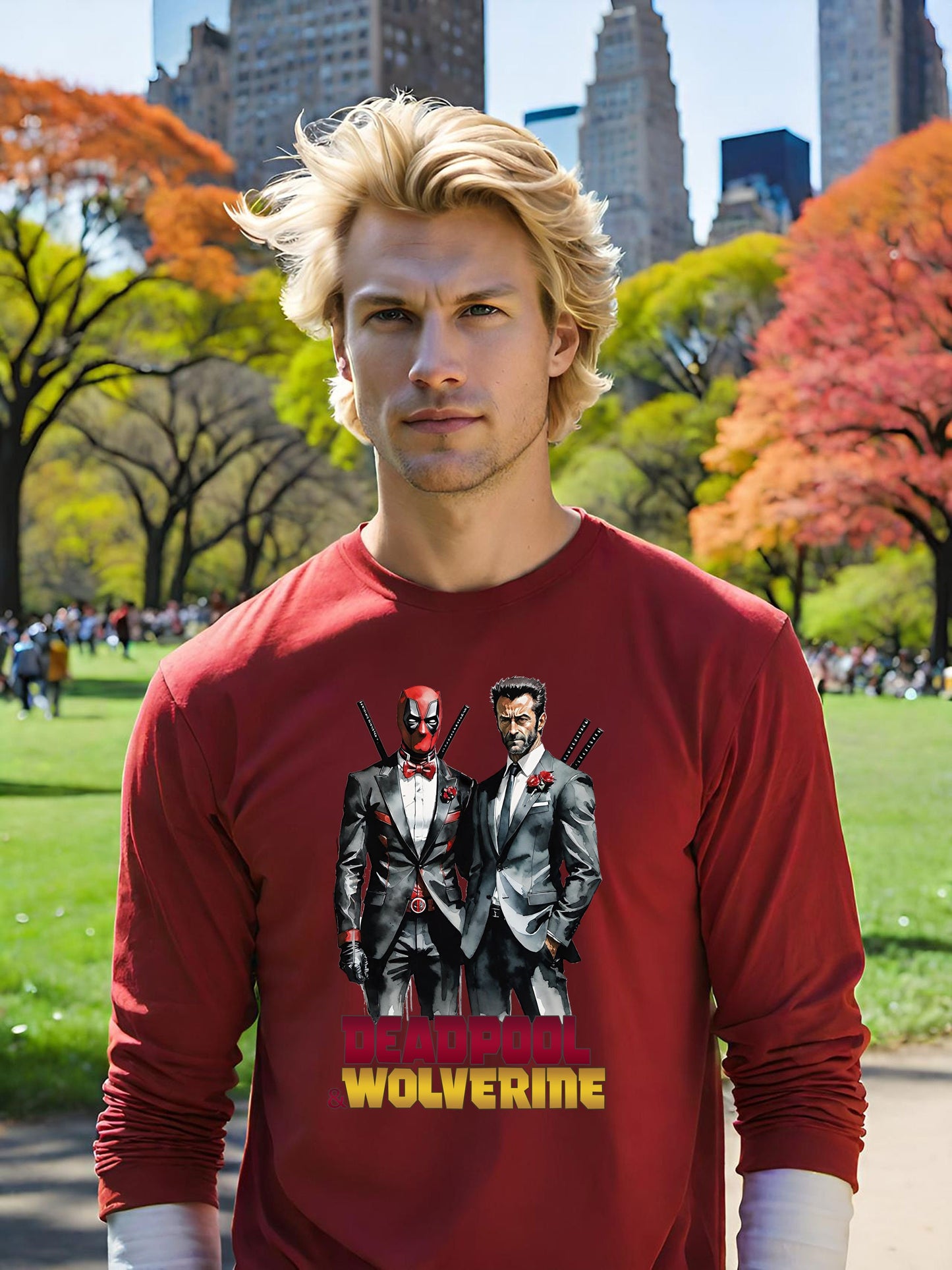 Deadpool and Wolverine t-shirt available in long  sleeve t-shirts for men and women, as well as ladies Bella canvas t-shirts. Get your Deadpool 3 t-shirt today just in time for the Deadpool 3 movie. Available in Unisex Long Sleeve Cotton t-shirts