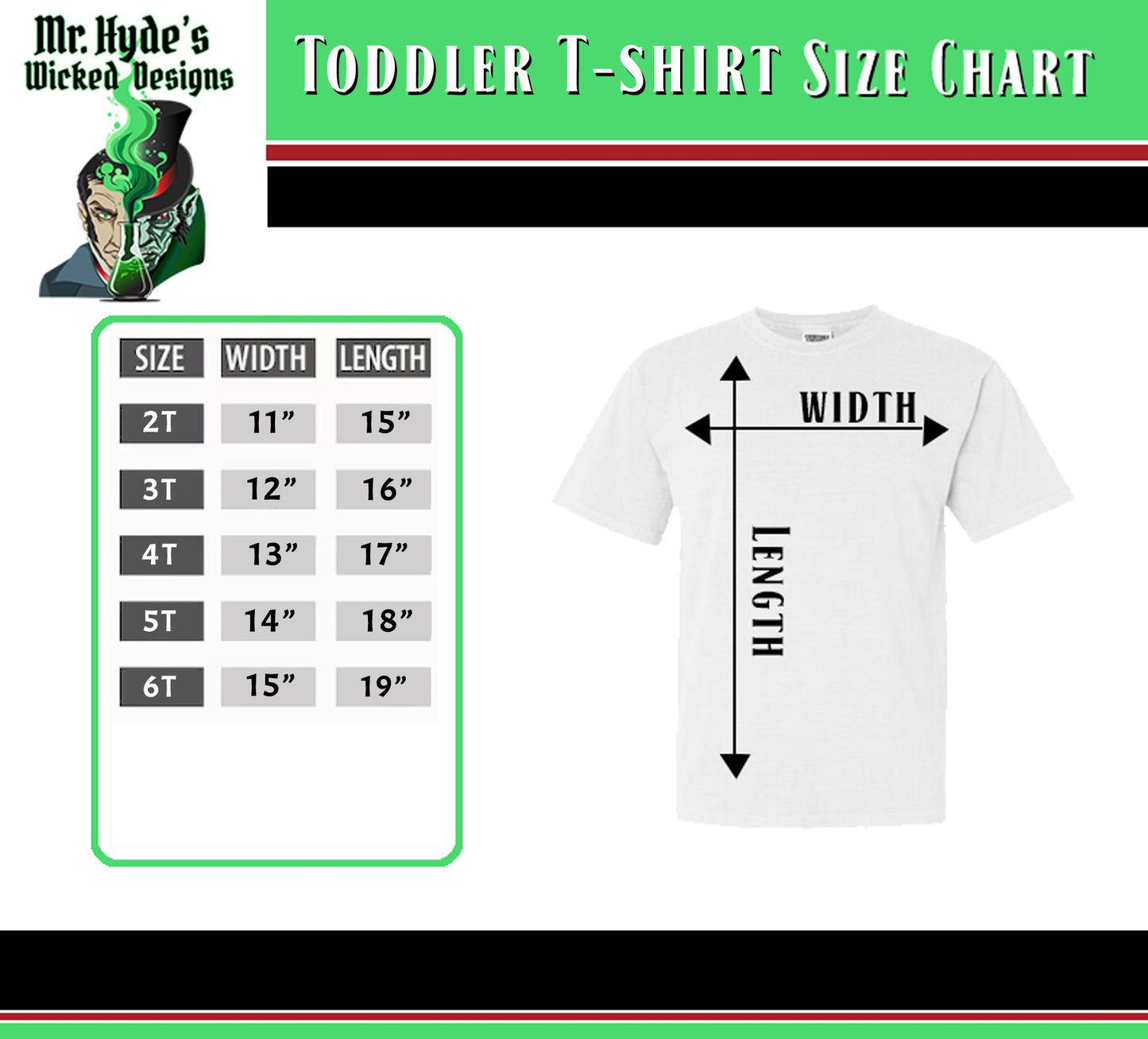 Use our handy size chart to find the perfect Toddler sized shirt for your little hero.