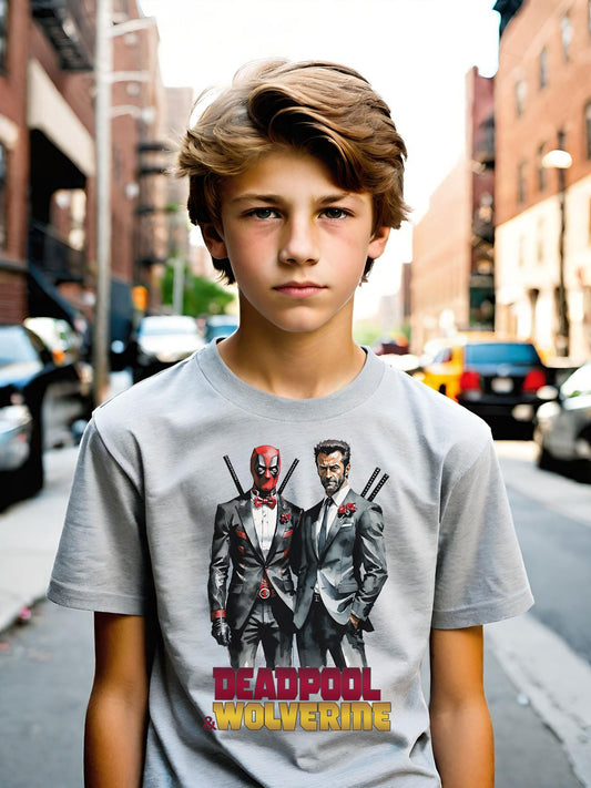 Deadpool and Wolverine t-shirt available in short sleeve t-shirts for boys, available in Boys youth sizes as well as Toddler size t-shirts. Get your Deadpool 3 t-shirt today just in time for the Deadpool 3 movie.