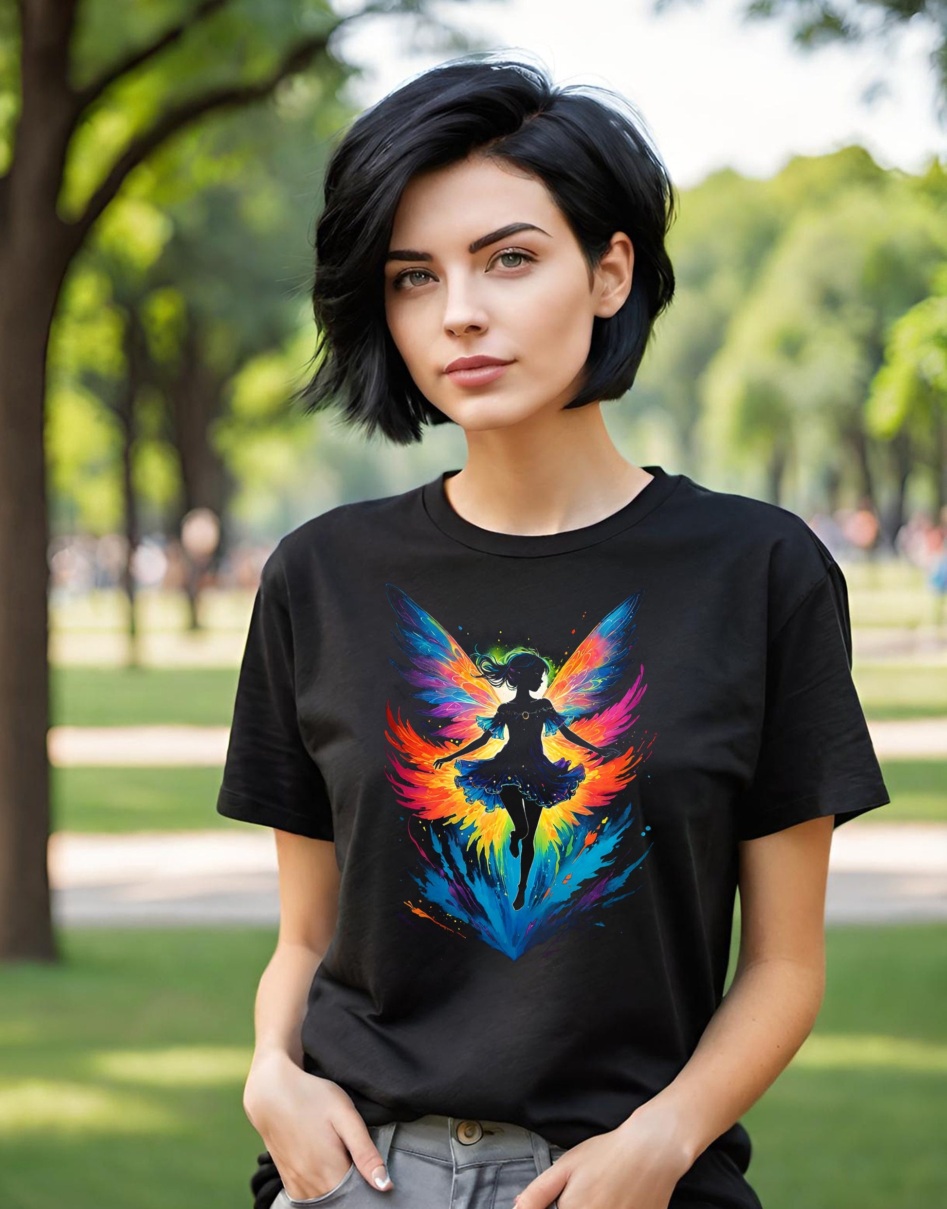 This stunning Fairy t-shirt is sure to delight any fan of fairies, fantasy, and magic. This magical fairy t-shirt is a super light design with all of the black ink removed making the design super light and soft on an all cotton Gildan Unisex t-shirt.