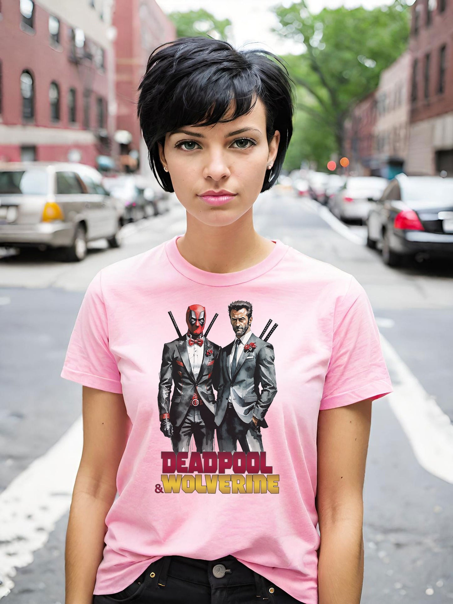 Deadpool and Wolverine t-shirt available in ladies Bella canvas t-shirts. Get your Deadpool 3 t-shirt today just in time for the Deadpool 3 movie. Available in ladies Bella Canvas cotton t-shirts