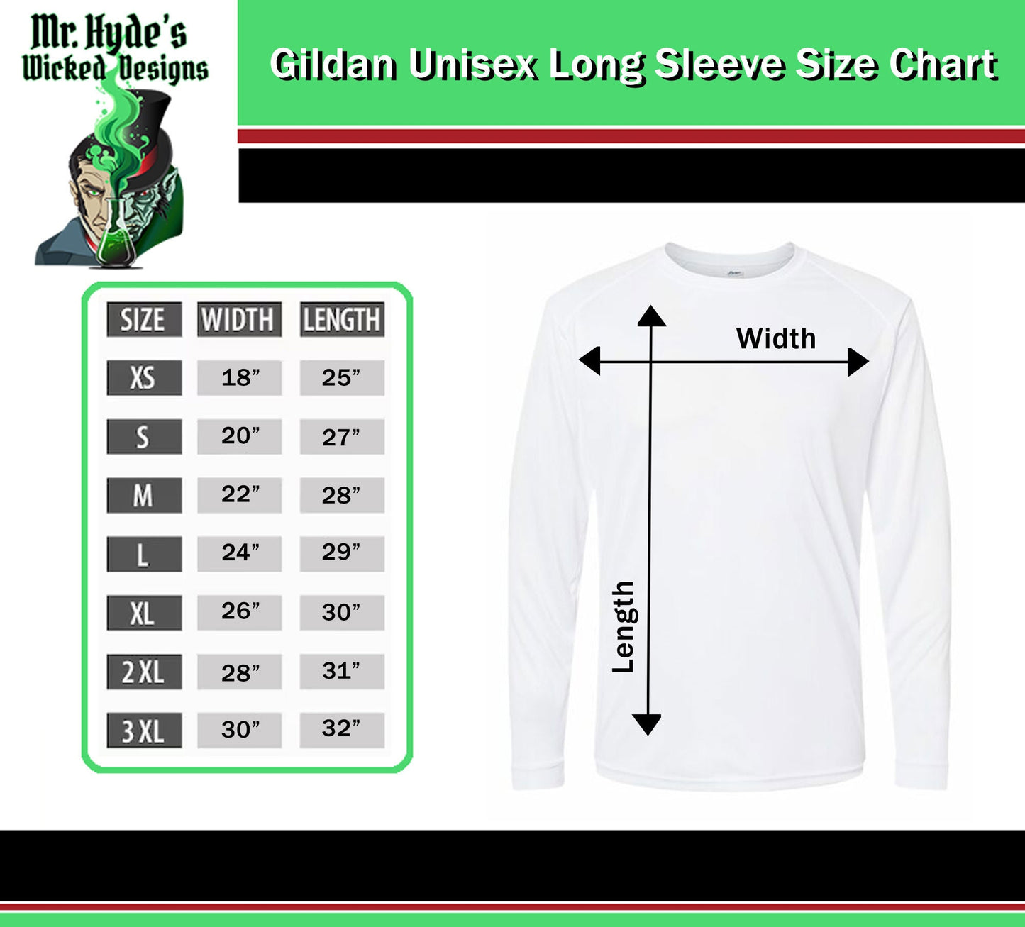 Use our handy size chart to choose the right size long sleeve t-shirt for you.