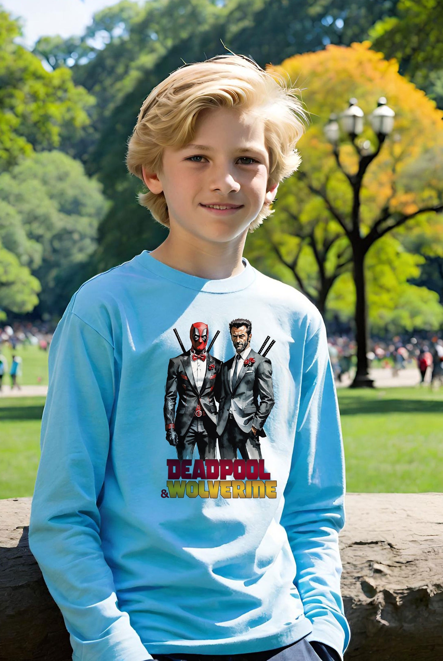 Deadpool and Wolverine t-shirt available in long sleeve t-shirts for boys, available in Boys youth sizes as well as Toddler size t-shirts. Get your Deadpool 3 t-shirt today just in time for the Deadpool 3 movie.