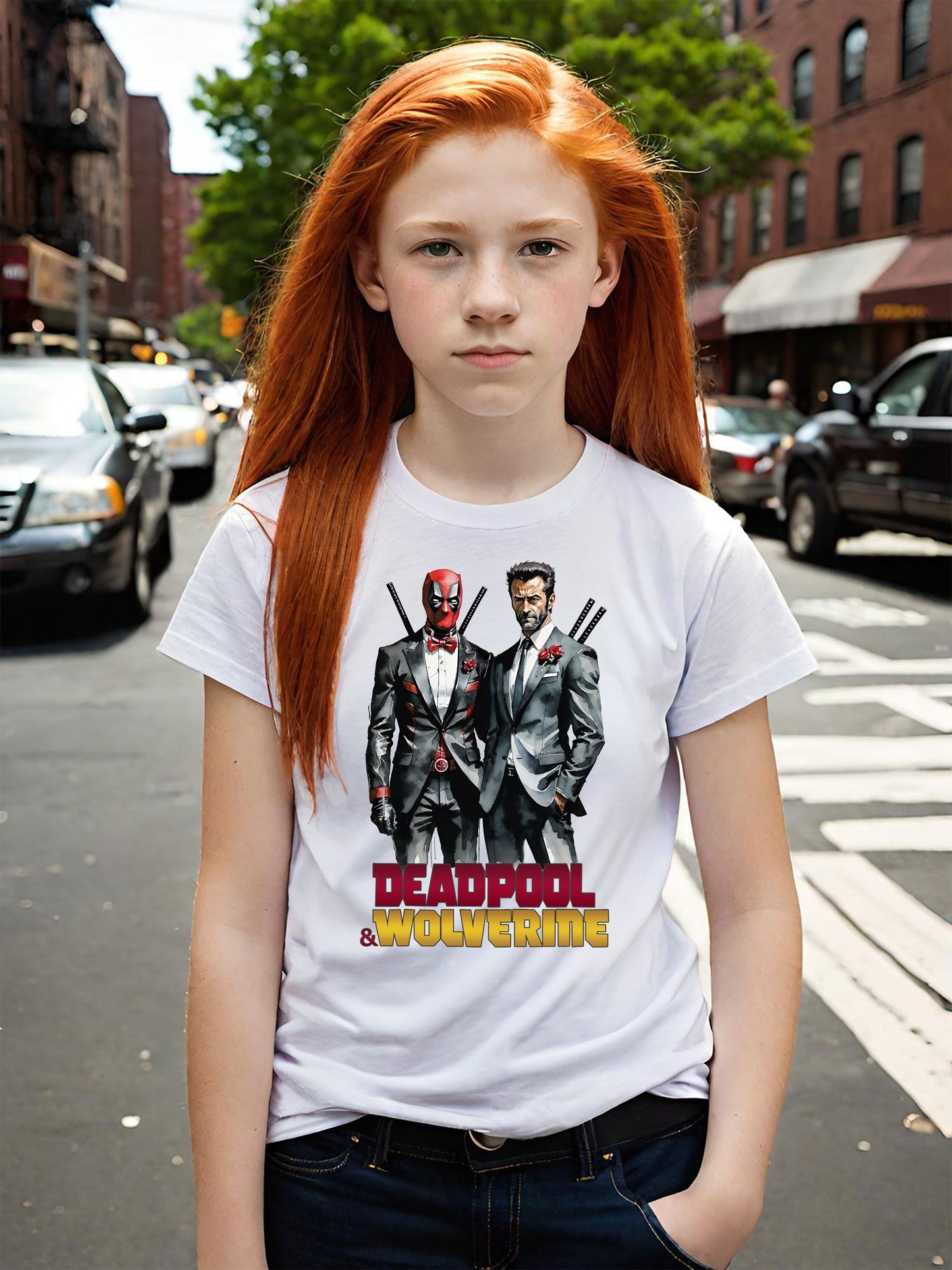 Deadpool and Wolverine t-shirt available in short sleeve t-shirts for girls, available in Girls youth sizes as well as Toddler size t-shirts. Get your Deadpool 3 t-shirt today just in time for the Deadpool 3 movie.