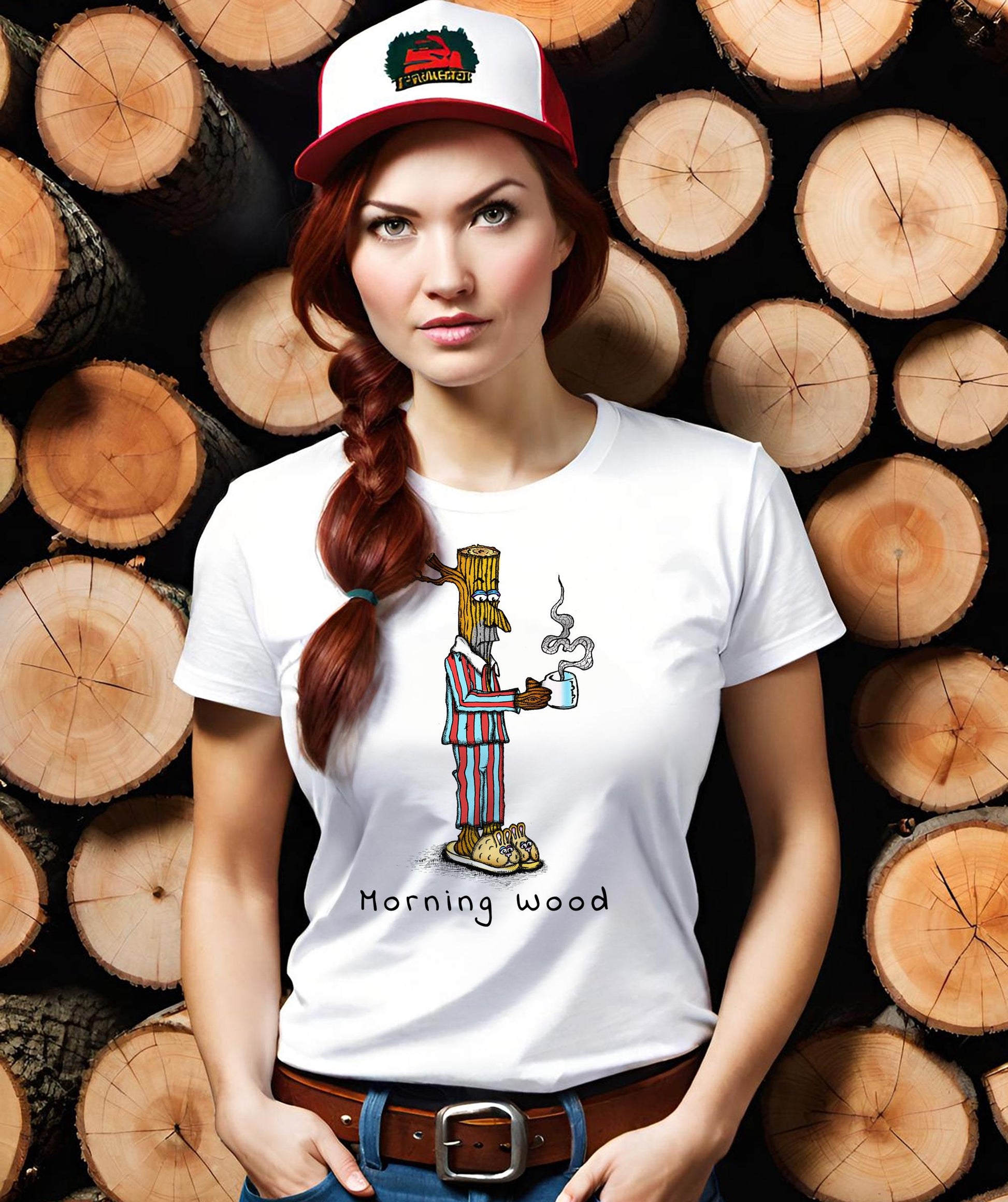 Do you have Morning Wood? Well you should. It is a hilarious parody T-shirt that every gal should have, and every gal. I mean who does not need Morning Wood now and then. Get this hilariously cool womens t-shirt in a White cotton t-shirt today.