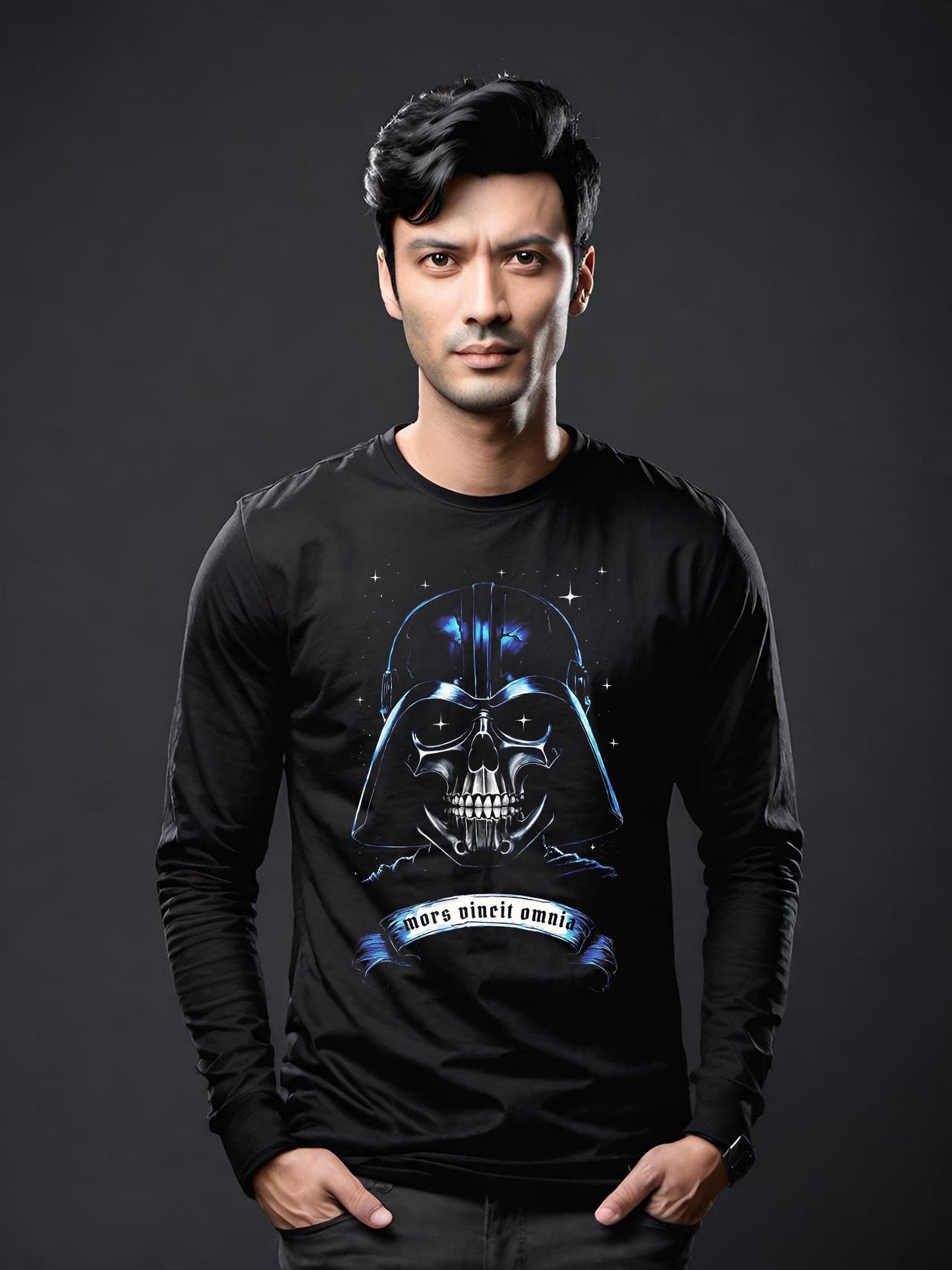 This Star Wars long sleeve t-shirt is so cool. Vader is captured in a grisly mask of death. This Darth Vader shirt has a skull motif. Death Conquers All in Latin adorns the bottom of this awesome Vader shirt.