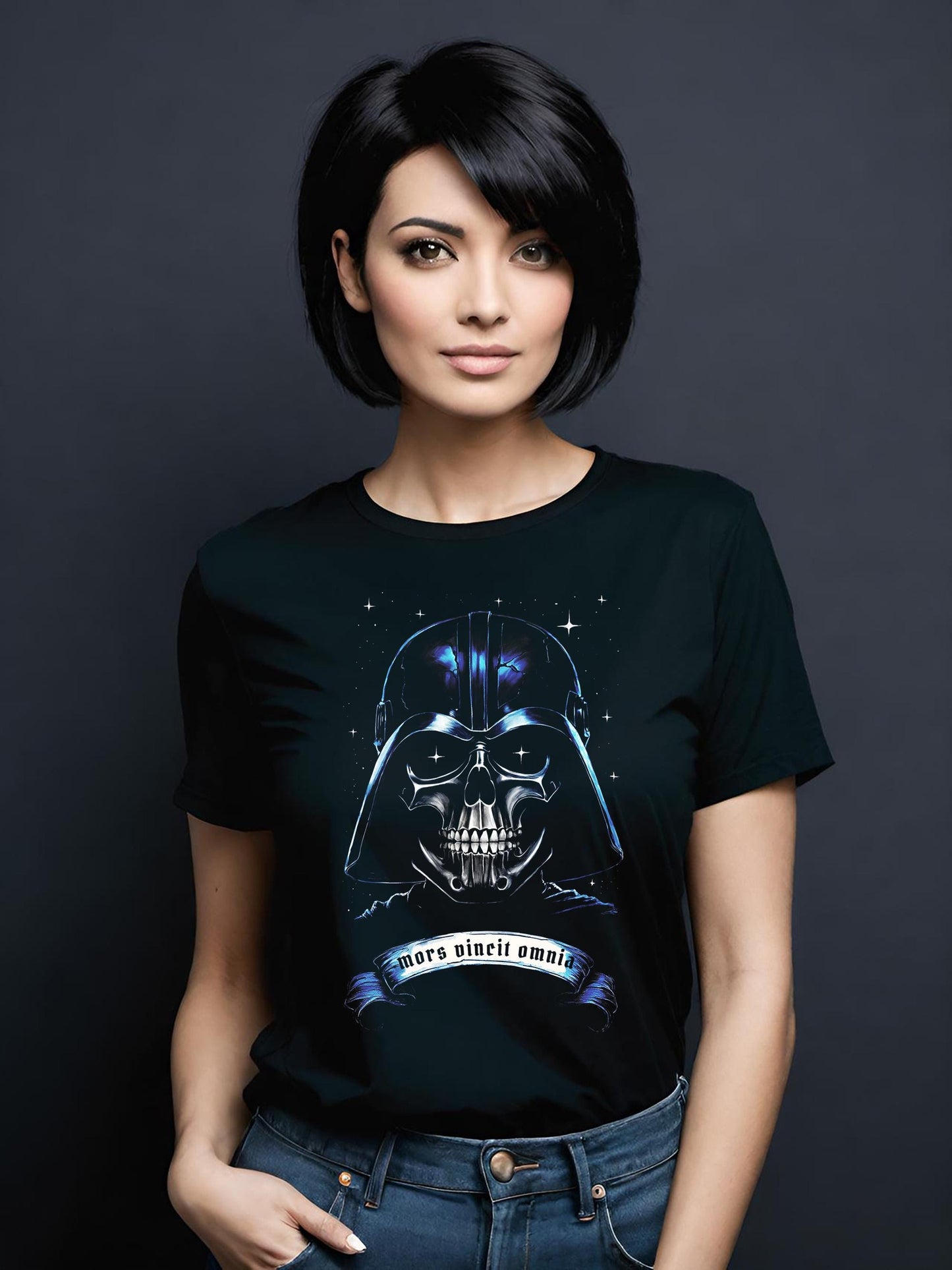 This Star Wars Unisex cotton t-shirt is so cool. Vader is captured in a grisly mask of death. This Darth Vader shirt has a skull motif. Death Conquers All in Latin adorns the bottom of this awesome Vader shirt.