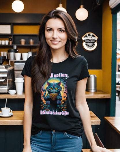 This colorful Cheshire Cat Sweatshirt looks awesome on black. This Bella Canvas T-shirt is a black half-tone. The black ink is negative space letting the fabric shine through. Get this enchanting Cheshire Cat Women's Bella Canvas T-shirt.