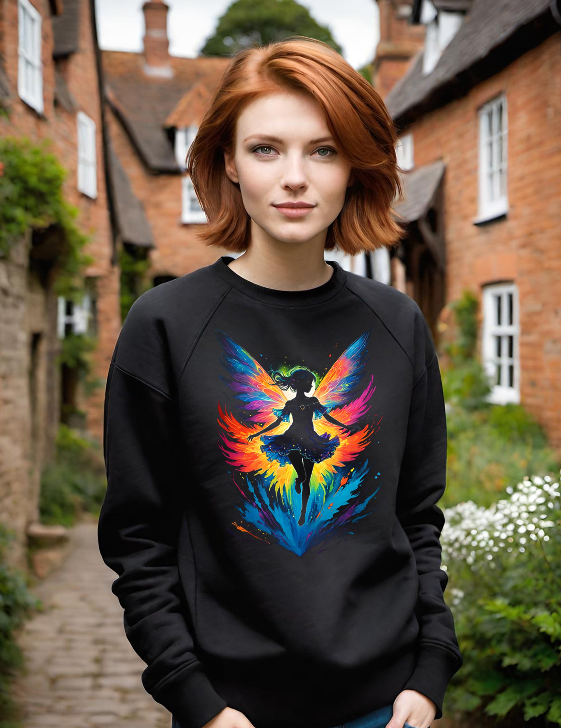 This stunning Fairy sweatshirt is sure to delight any fan of fairies, fantasy, and magic. This magical fairy Sweatshirt is a super light design with all of the black ink removed making the design super light and soft on an all cotton Women's Sweatshirt