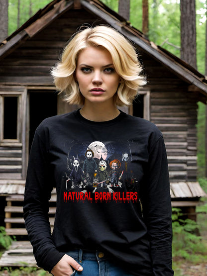 Natural Born Killers' is an amazing Halloween Long Sleeve t-shirt, just filled with Horror Movie references from the most iconic 1980's horror films. Available for ladies on black unisex cotton long sleeve Tees.