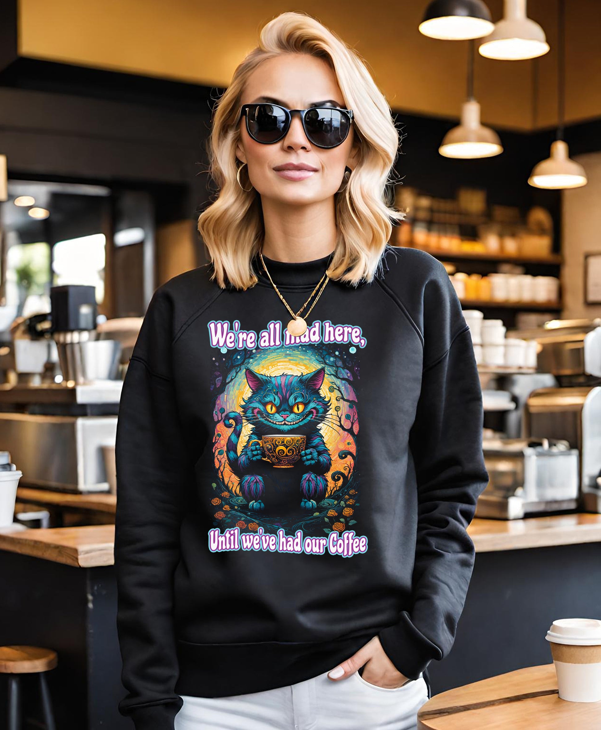 This colorful Cheshire Cat Sweatshirt looks awesome on black. This Unisex Sweatshirt is a black half-tone. The black ink is negative space letting the fabric shine through. Get this enchanting Cheshire Cat Unisex Cotton Sweatshirt.