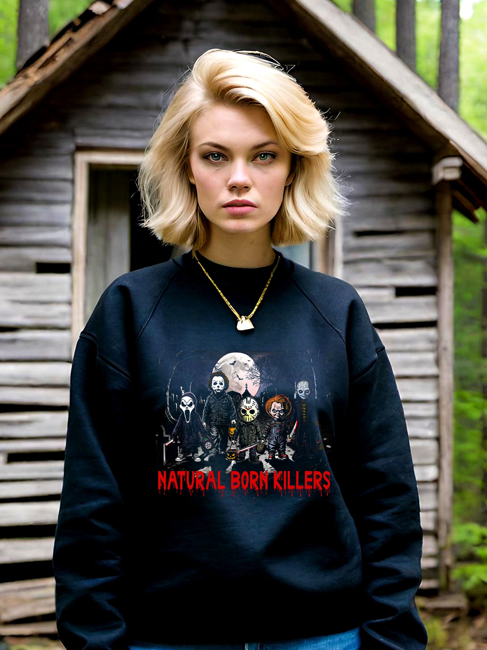 Natural Born Killers' is an amazing Halloween Sweatshirt, just filled with Horror Movie references from the most iconic 1980's horror films. Available for Ladies on black unisex cotton sweatshirts