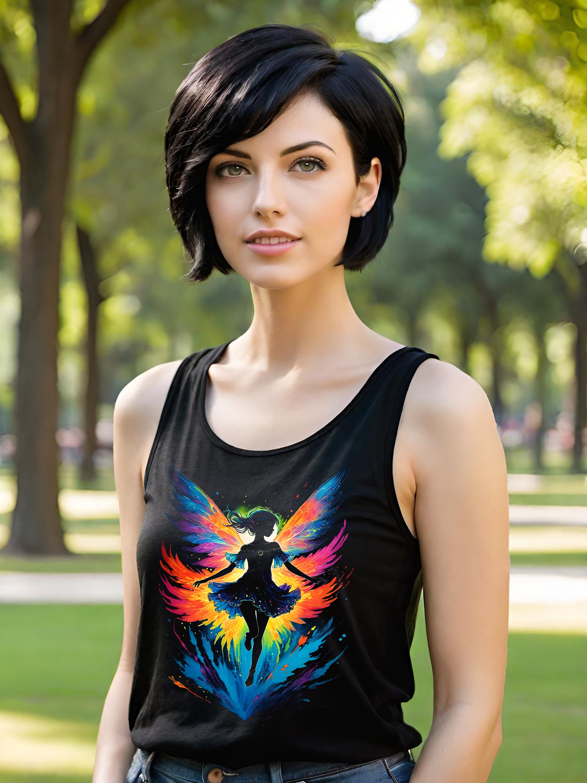 This stunning Fairy tank top is sure to delight any fan of fairies, fantasy, and magic. This magical fairy tank top is a super light design with all of the black ink removed making the design super light and soft on an all cotton Women's Tank Top