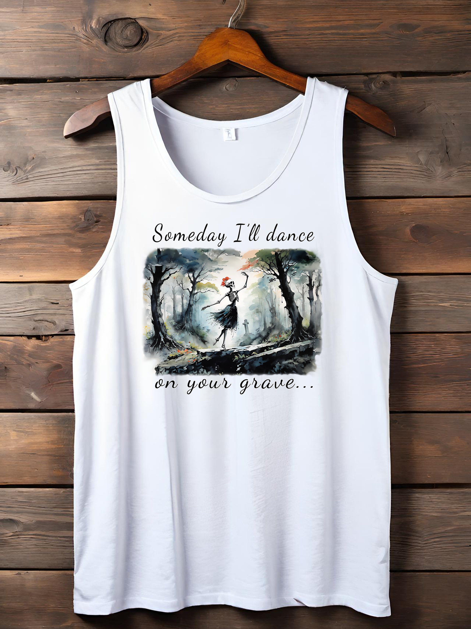 This Haunting Skeleton Shirt is perfect for ladies who love things that are spooky and macabre. This t-shirt design is both stunning and chilling. Available stylish white Tank-tops.