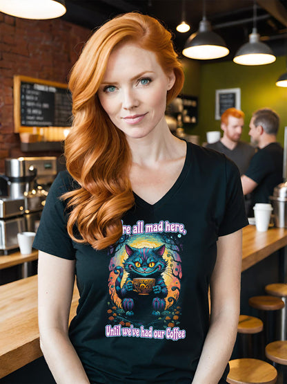 This colorful Cheshire Cat Sweatshirt looks awesome on black. This stylish V Neck T-shirt is a black half-tone. The black ink is negative space letting the fabric shine through. Get this enchanting Cheshire Cat Bella Canvas V Neck T-shirt.