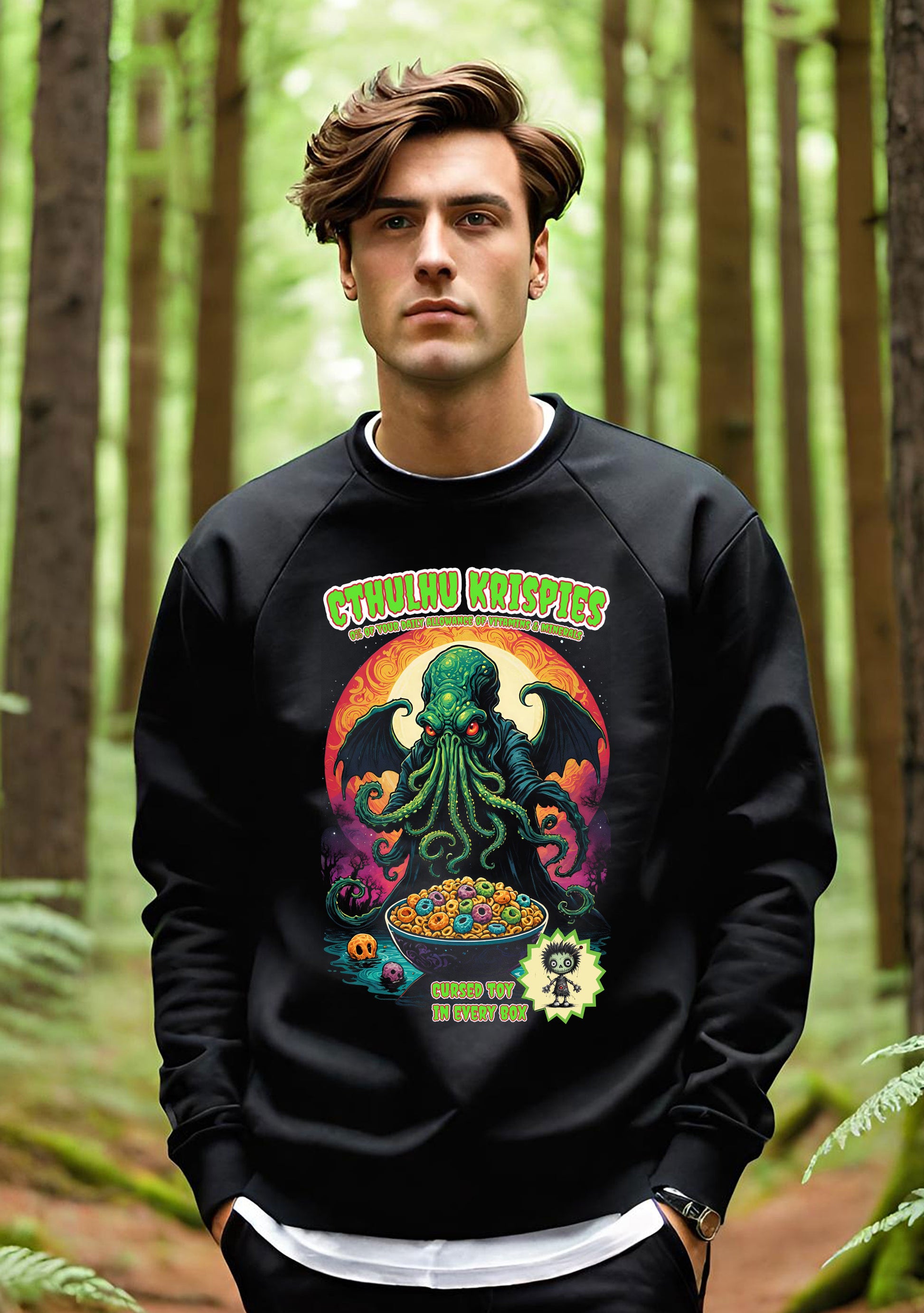 This awesome, and hilarious Cthulhu unisex cotton sweatshirt is a must have for the discerning collector. This design is a black halftone knockout. Meaning the black parts are sweatshirt instead of ink. Making for a super light design.