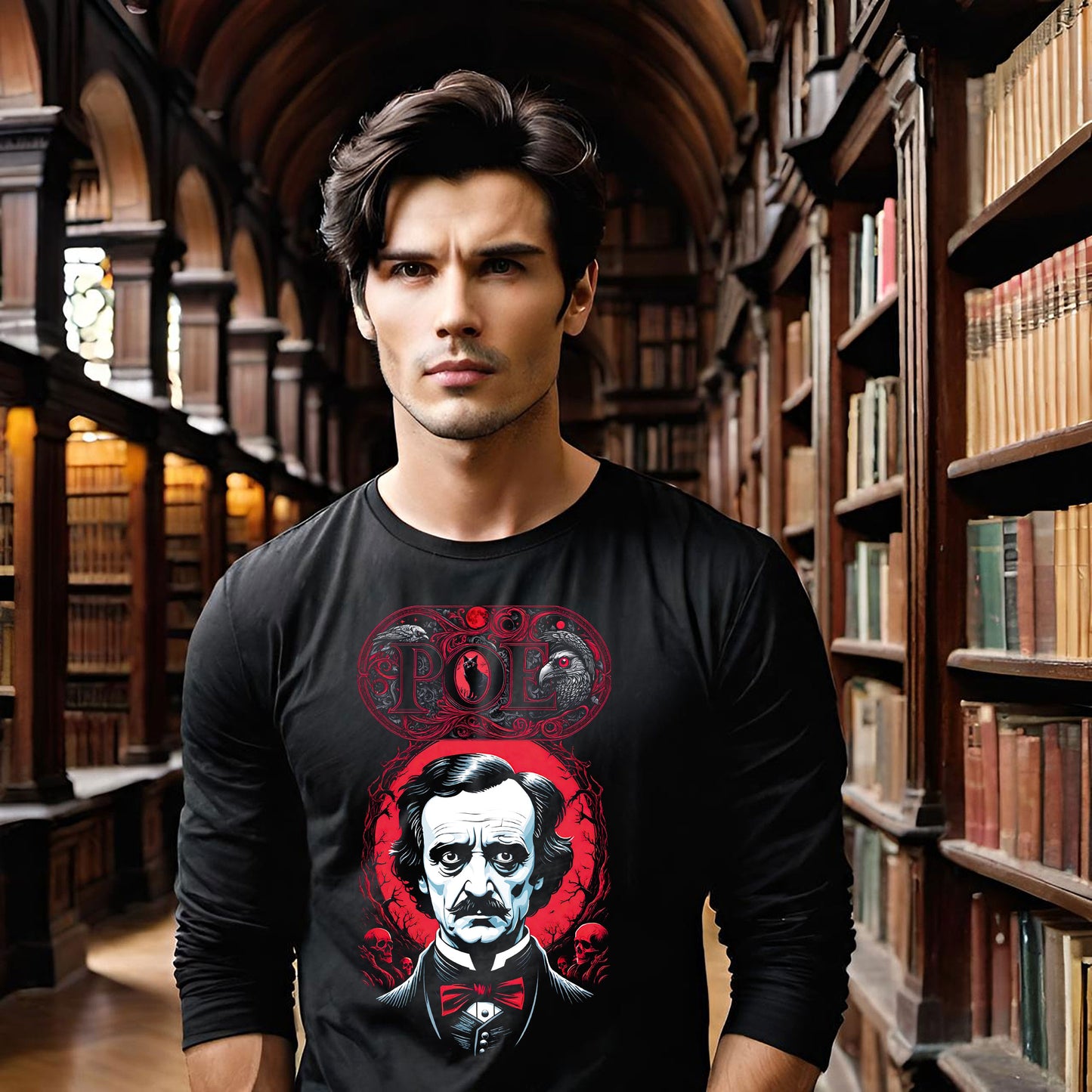 Edgar Allen Poe Gothic Long Sleeve Tee, Black Cat Raven Skulls Design, Poe Fans Shirt, Red Halftone Soft Style Tee