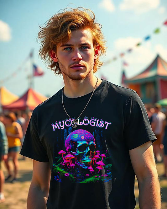 Psychedelic Magic Mushroom Unisex Tee, Festival Mycologist Shirt, Magic Mushrooms, Skull Tee, 100% Cotton Tee