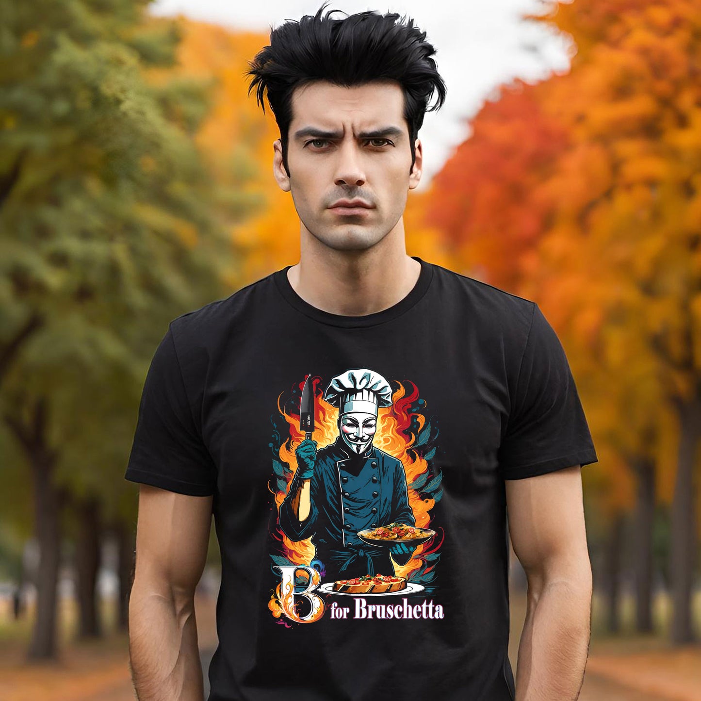 V For Vendetta Parody Foodie Tee, B For Bruschetta Funny Movie Shirt, Funny Cooking Tee, Hugo Weaving, Allen Moore,  Unisex Cotton T-shirt