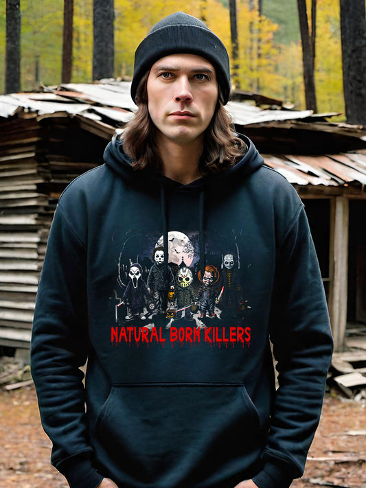 Natural Born Killers' is an amazing Halloween Hoodie, just filled with Horror Movie references from the most iconic 1980's horror films. Available for guys on black unisex cotton hoodies.