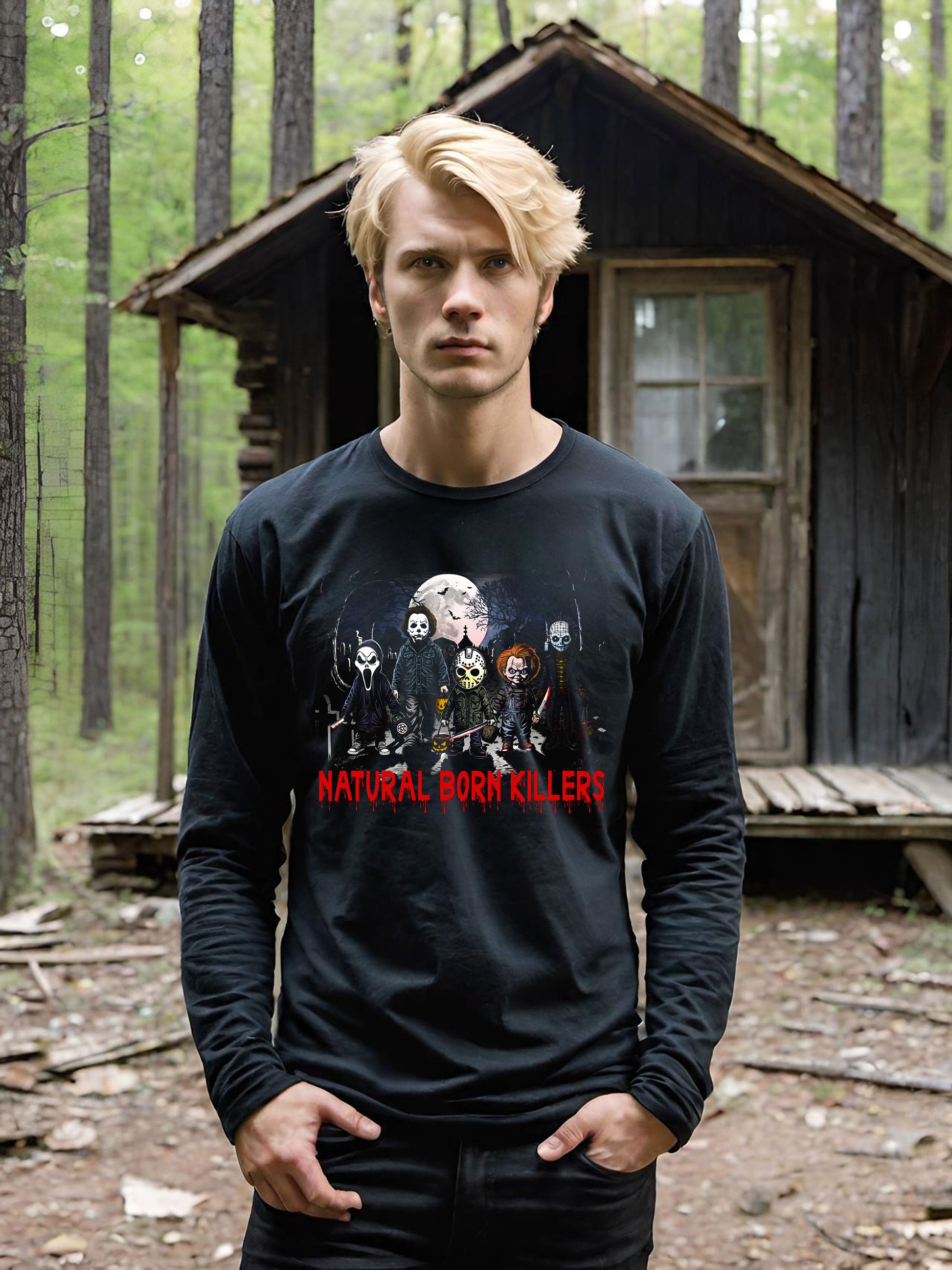 Natural Born Killers' is an amazing Halloween Long Sleeve t-shirt, just filled with Horror Movie references from the most iconic 1980's horror films. Available for guys on black unisex cotton long sleeve Tees.