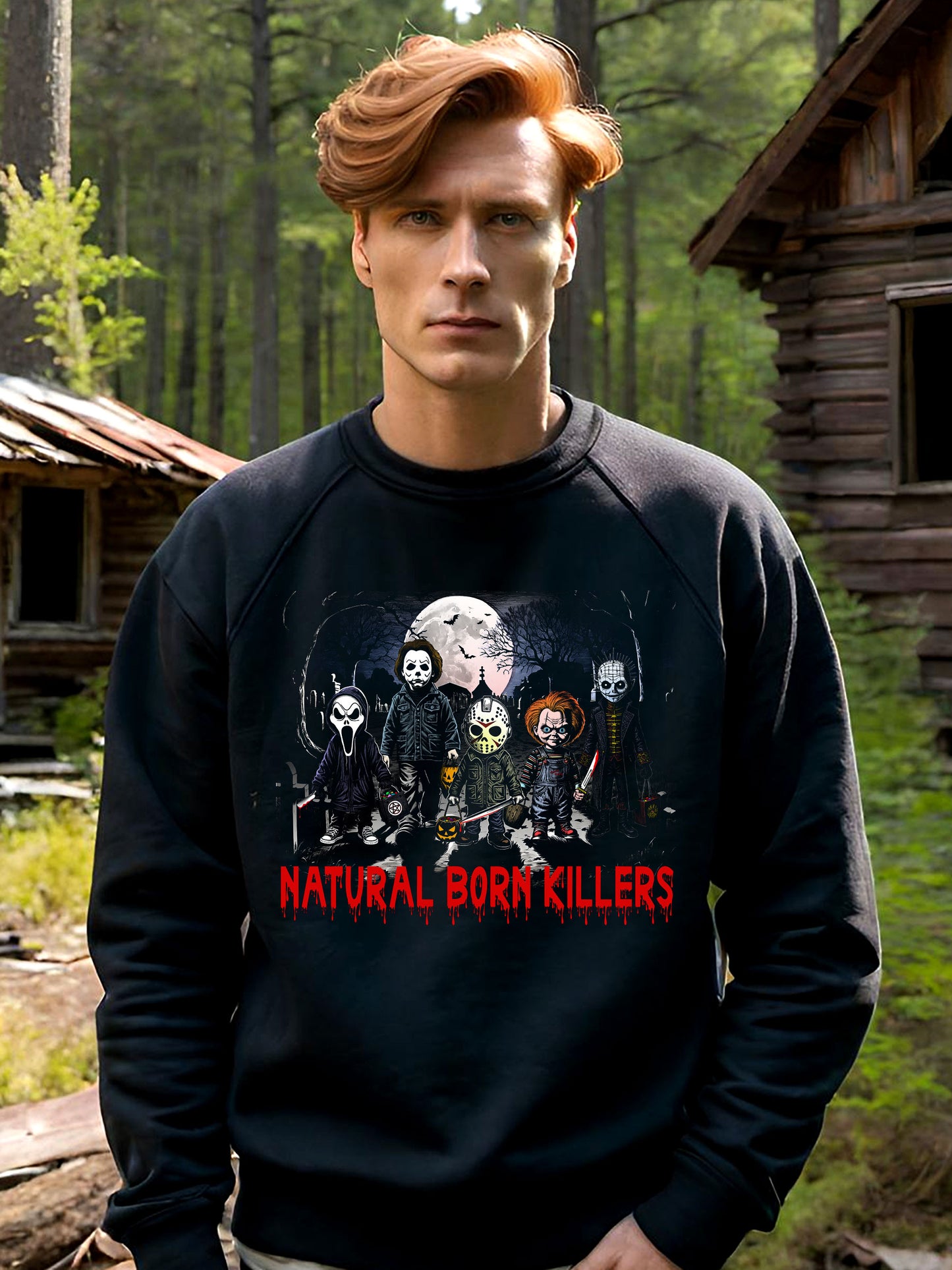 Natural Born Killers' is an amazing Halloween Sweatshirt, just filled with Horror Movie references from the most iconic 1980's horror films. Available for guys on black unisex cotton sweatshirts