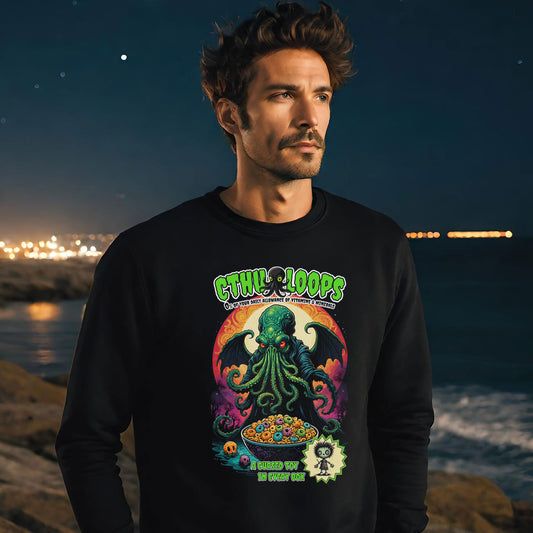 Cthu-Loops Parody Sweatshirt, Halloween, Cthulhu Fan Gift, Elder God Shirt, Lovecraftian Apparel, Black Green Unisex Jumper, Cereal Killer