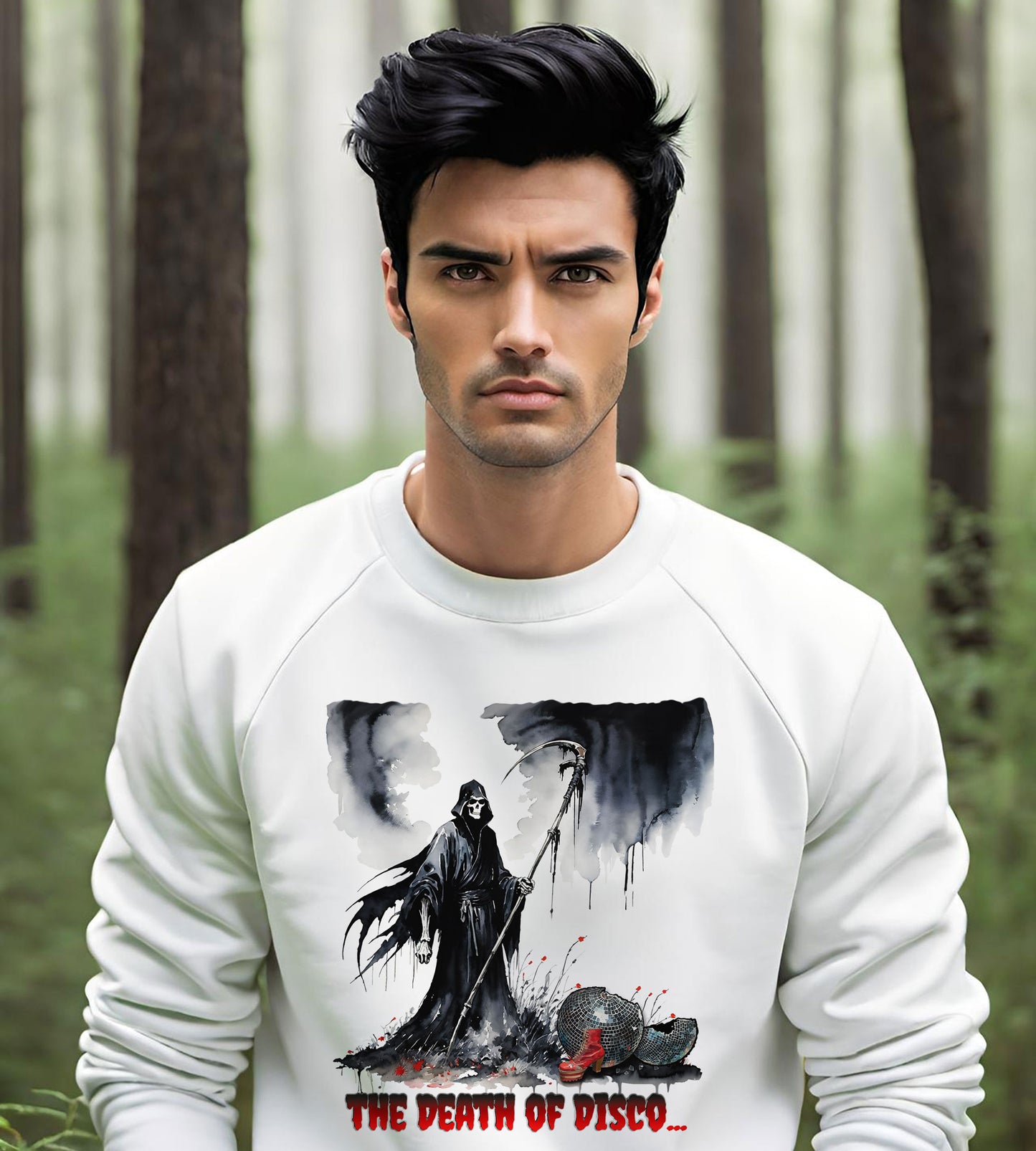 Death of Disco T-shirts, Gothic Disco Parody Tee, Grim Reaper, Disco Tee, Unisex Heavy Blend Crewneck Sweatshirt