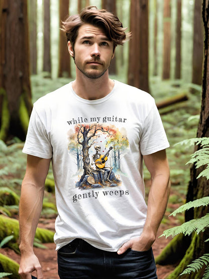 This gothic skeleton Tank Top Tee featuring a grisly guitarist jamming on an acoustic guitar in a haunting watercolor forest is a stunning tongue-in-cheek homage to the Beatles music. This cool dude looks great in this Gildan unisex heavy cotton t-shirt.