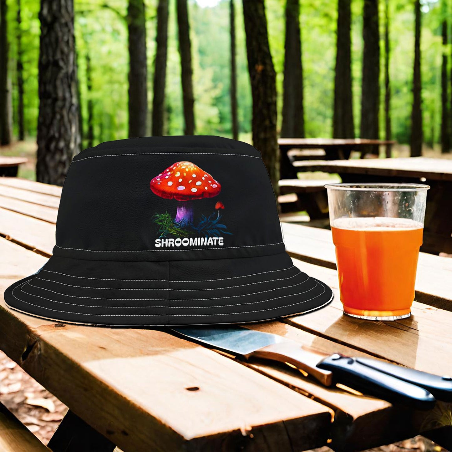 Bucket Hat with Magic Mushroom Design, SHROOMINATE Hippie Festival Cap, Trippy Psychedelic Headwear, Groovy Thinking Cap, Existence Mystery