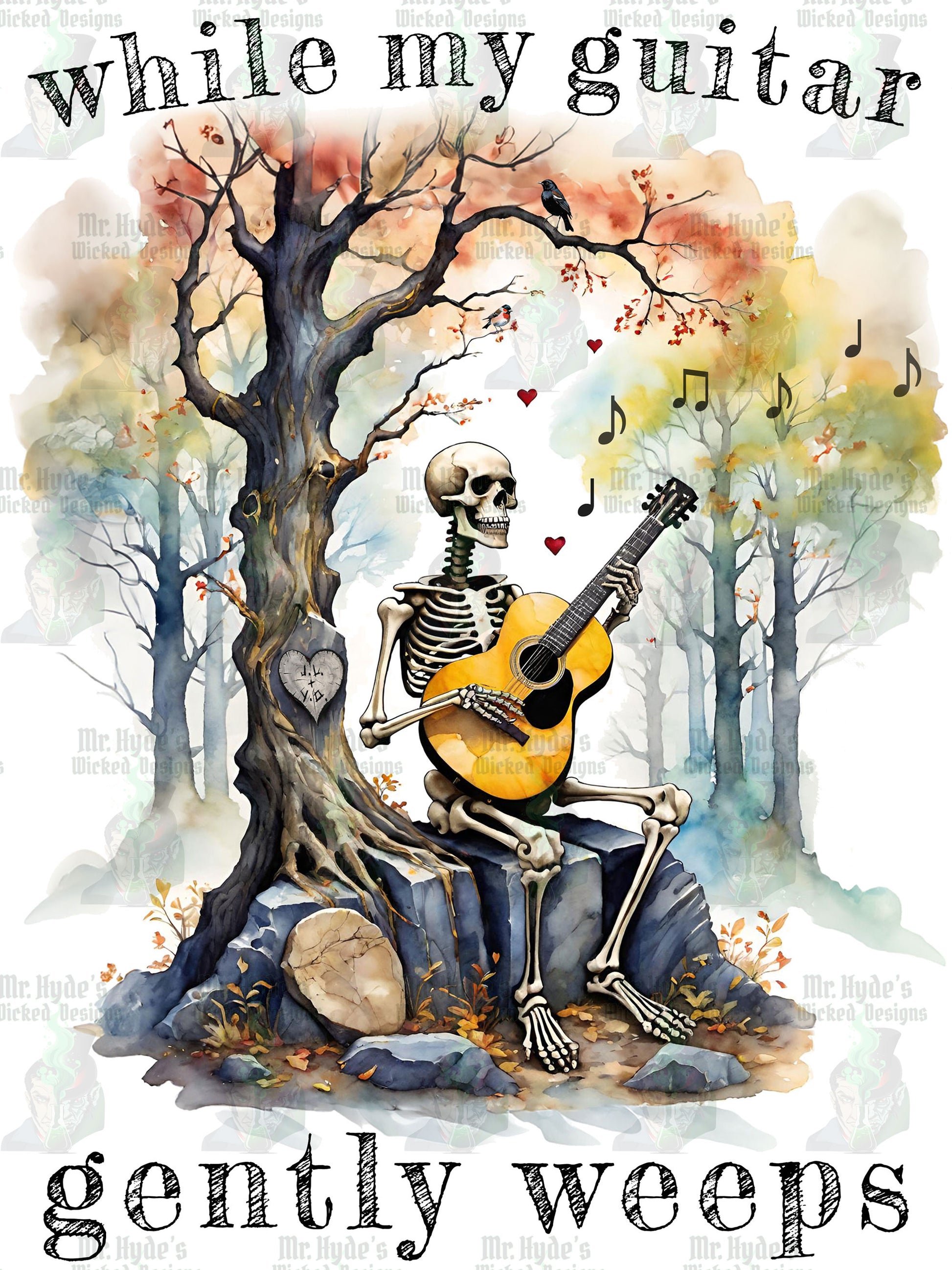 This gothic skeleton long sleeve t-shirt featuring a grisly guitarist jamming on an acoustic guitar in a haunting watercolor forest is a stunning tongue-in-cheek homage to the Beatles music. 