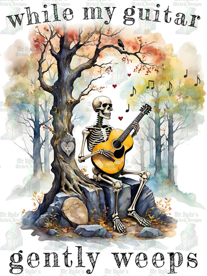 This gothic skeleton sweatshirt featuring a grisly guitarist jamming on an acoustic guitar in a haunting watercolor forest is a stunning tongue-in-cheek homage to the Beatles music. 